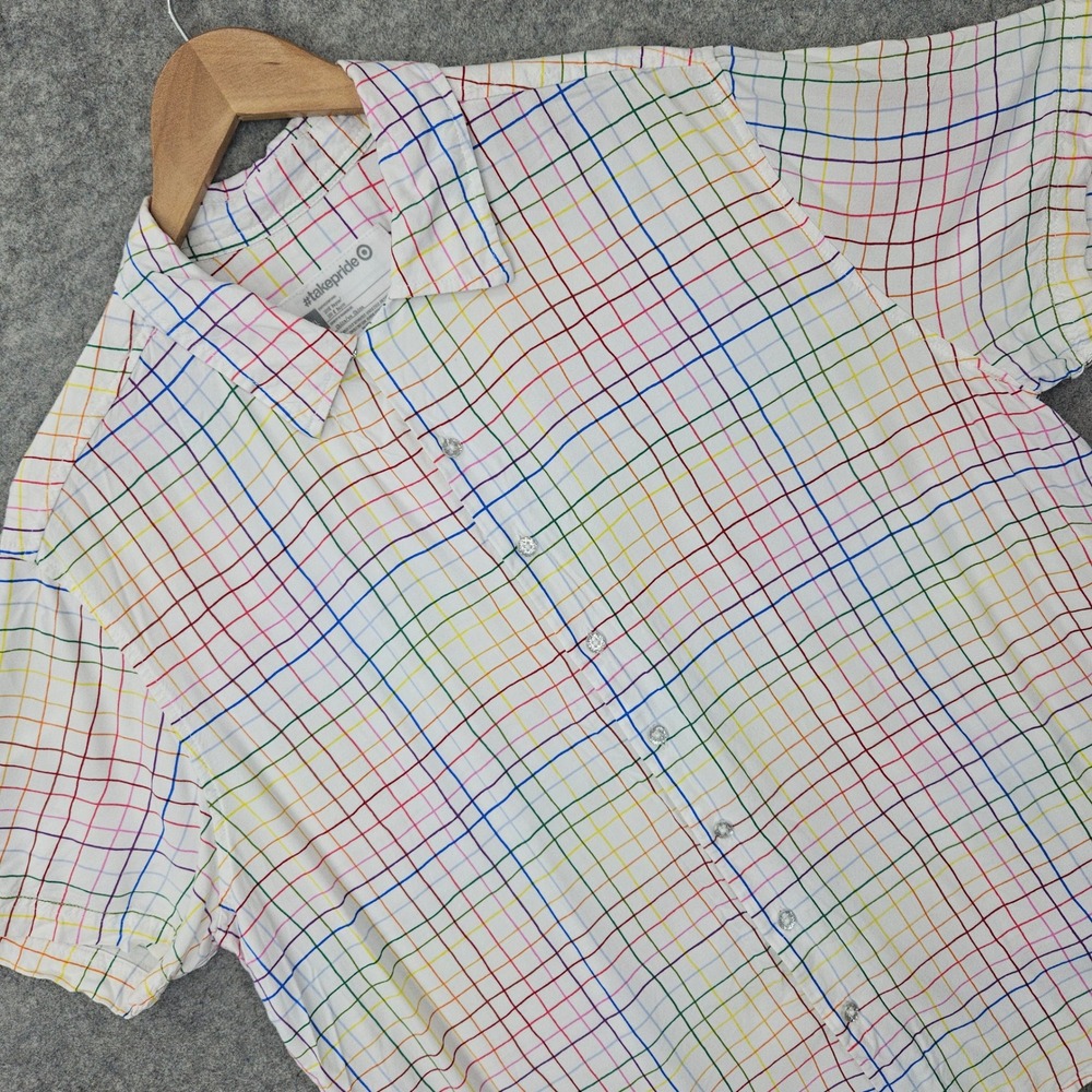 #takepride Target Button Up Shirt Men's White XXL Rainbow Plaid Glitter Buttons